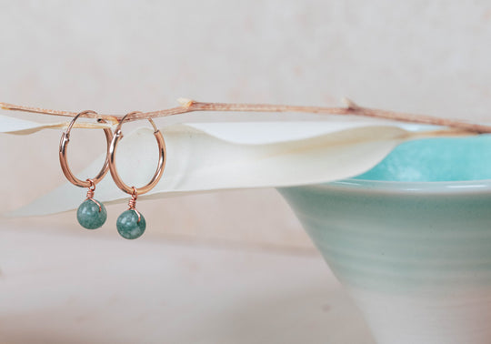 Orbit rose gold hoops ~ wire wrapped sage green Jade charm earrings