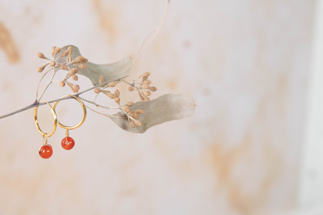 Orbit hoops in gold with carnelian earrings