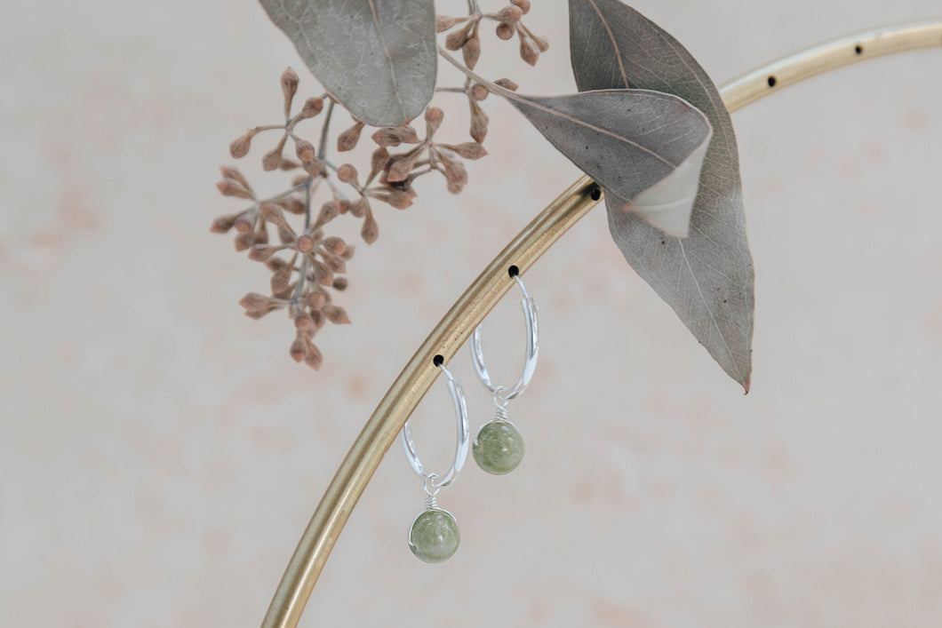 Orbit apple jade silver hoop earrings